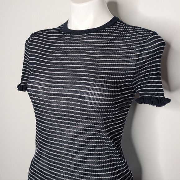 ✨3/$15 Zara Blue White Striped Sheer Stretch Short Sleeve Shirt M - Picture 2 of 8